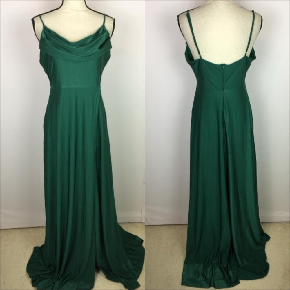 Faeriesty Formal Gown Maxi Dress Sz L Womans Green Cowl Neck Front Slit Cocktail